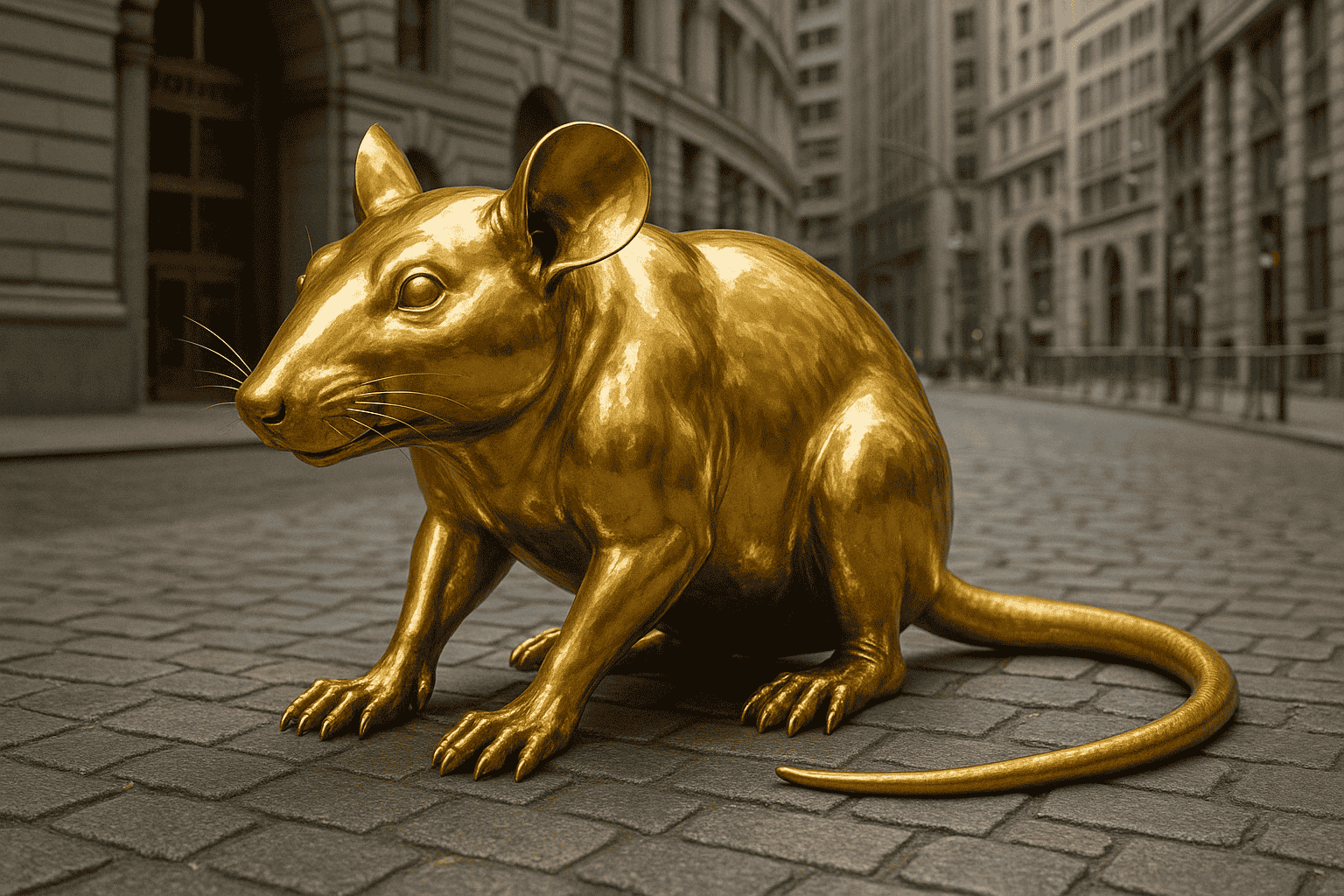 A golden rat in the style of the wall street bull.